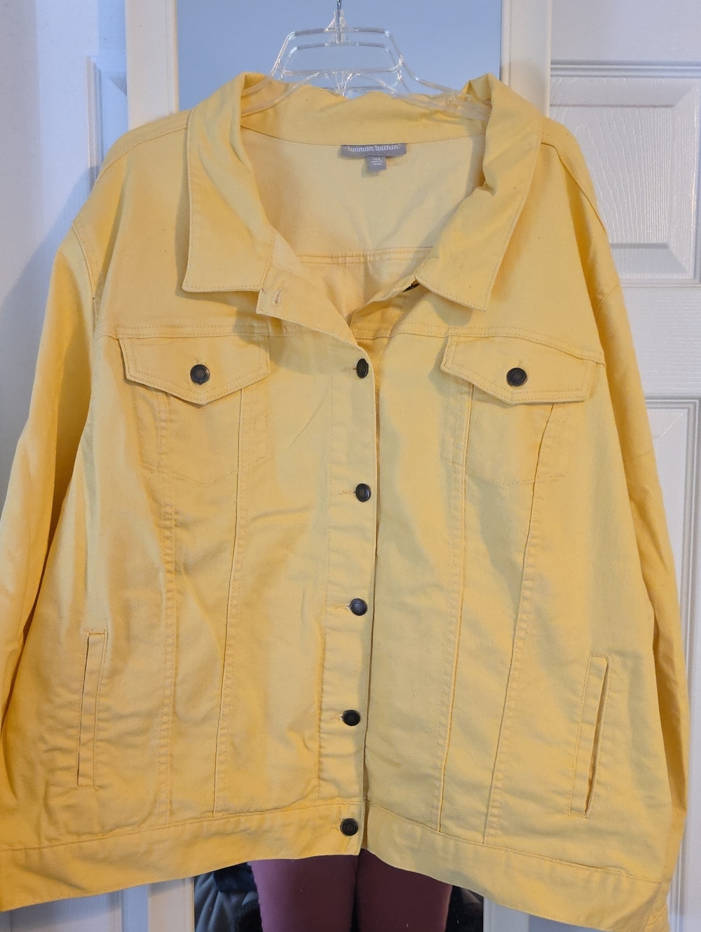 Woman Within Pale Yellow Denim Jacket with Button Front